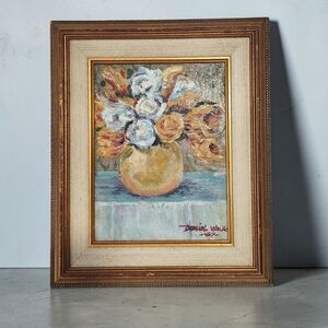 Vintage Boho Floral Still Life Framed Original Oil Painting Artist Signed Walker